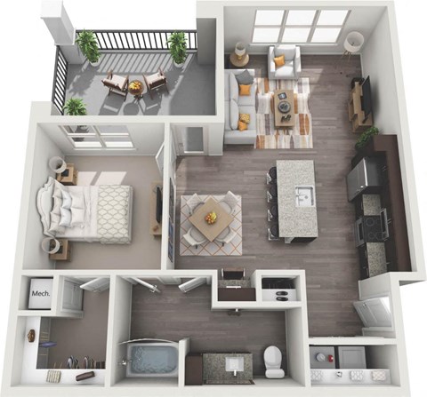 Floor plan for 1 bed, 1 bath, 840 sqft